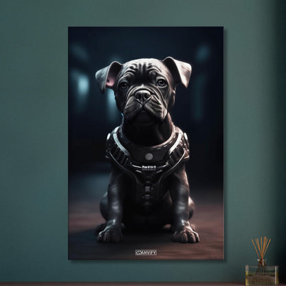 Schwarze Bulldogge im Superhelden Kostüm von Bane auf einer Leinwand