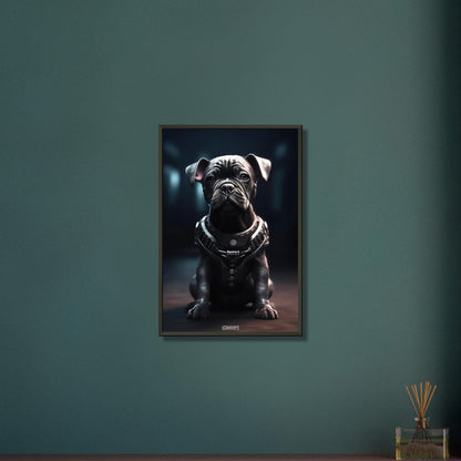 Schwarze Bulldogge im Superhelden Kostüm von Bane auf einem Poster im Metallrahmen