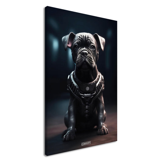 Schwarze Bulldogge im Superhelden Kostüm von Bane auf einer Leinwand