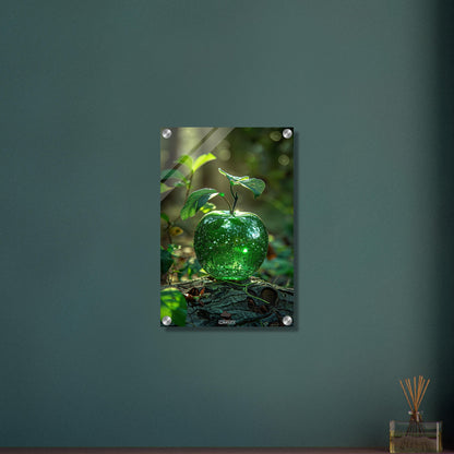 Grüner Apfel als Diamant auf einem Holzstamm auf einem Acrylbild