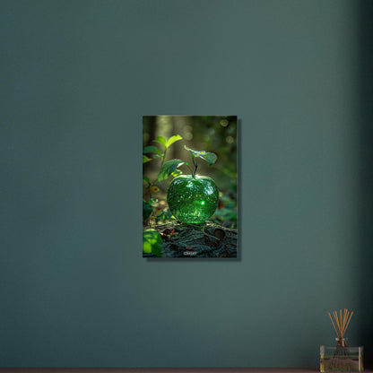 Grüner Apfel als Diamant auf einem Holzstamm auf einer Leinwand