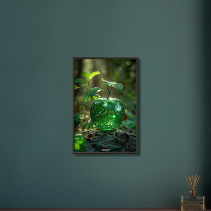 Grüner Apfel als Diamant auf einem Holzstamm auf einem Poster im Metallrahmen