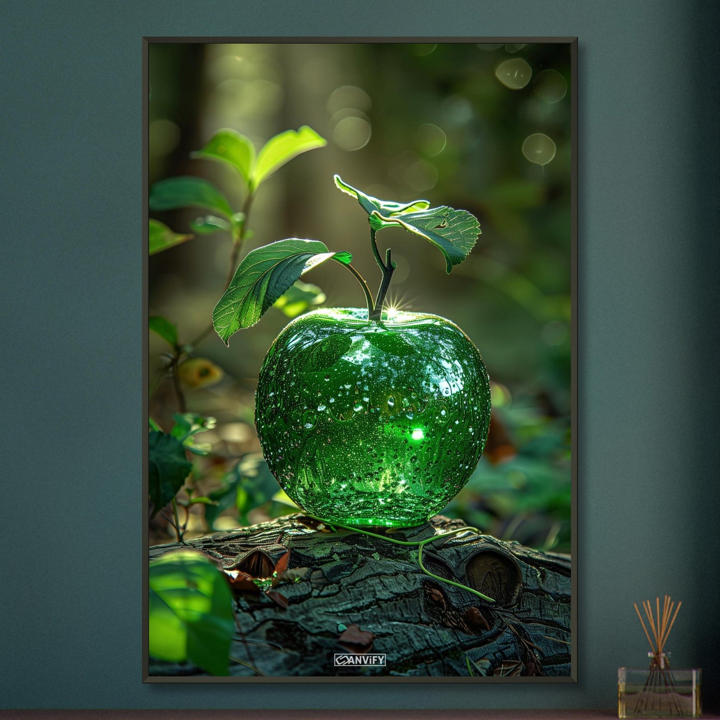 Grüner Apfel als Diamant auf einem Holzstamm auf einem Poster im Metallrahmen