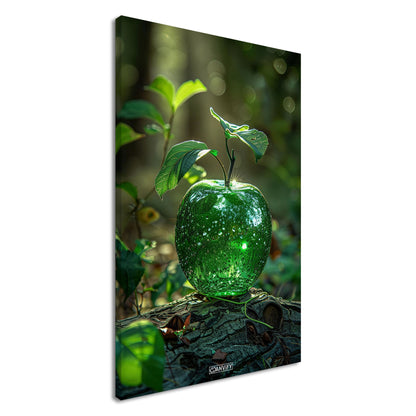 Grüner Apfel als Diamant auf einem Holzstamm auf einer Leinwand