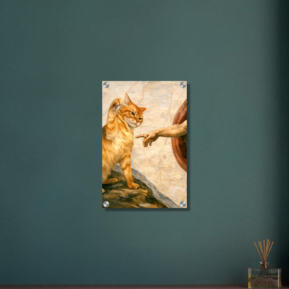 Goldene Katze boxt die Hand in 'Die Erschaffung Adams' im Stil eines Ölgemäldes auf einem Acrylbild