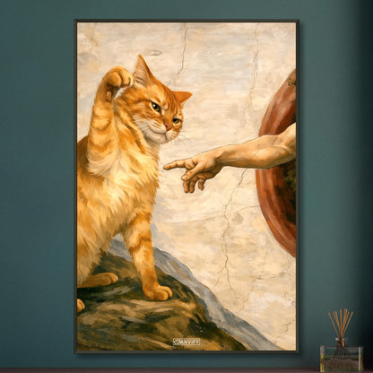 Goldene Katze boxt die Hand in 'Die Erschaffung Adams' im Stil eines Ölgemäldes auf einem Poster im Metallrahmen