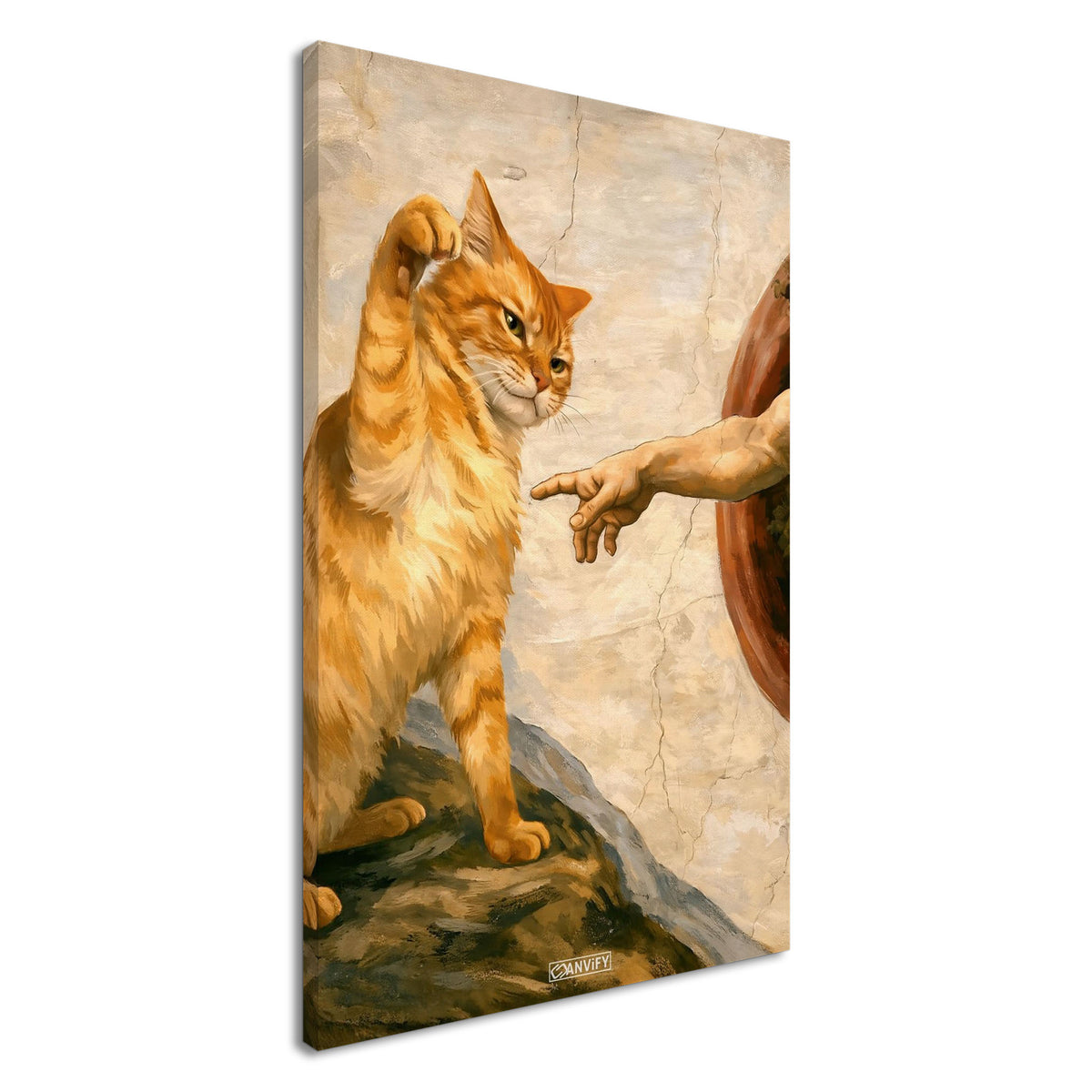 Goldene Katze boxt die Hand in 'Die Erschaffung Adams' im Stil eines Ölgemäldes auf einer Leinwand