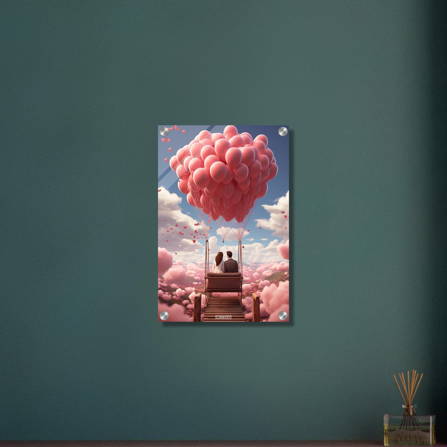 Mann und Frau sitzen auf einer Bank im Paradies voller Wolken und Luftballons in Rosa auf einem Acrylbild