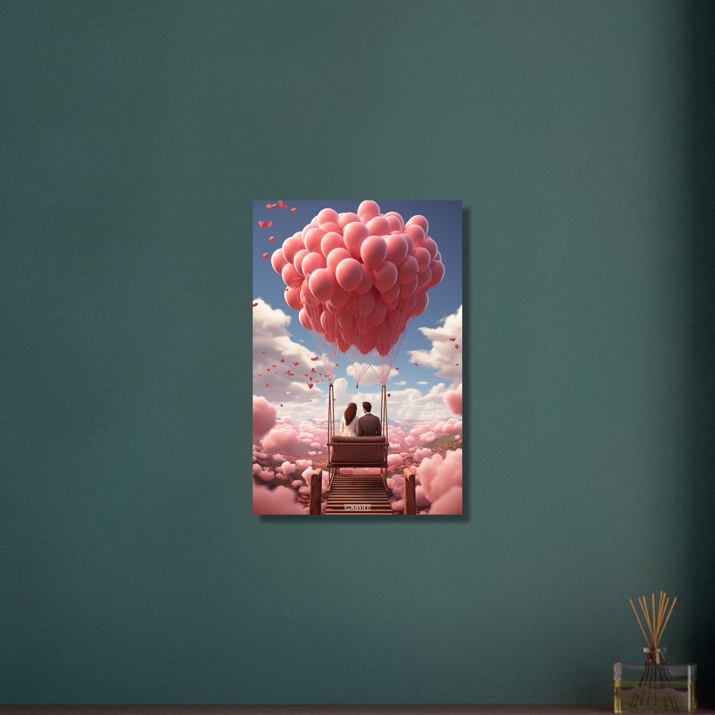 Mann und Frau sitzen auf einer Bank im Paradies voller Wolken und Luftballons in Rosa auf Aluminium