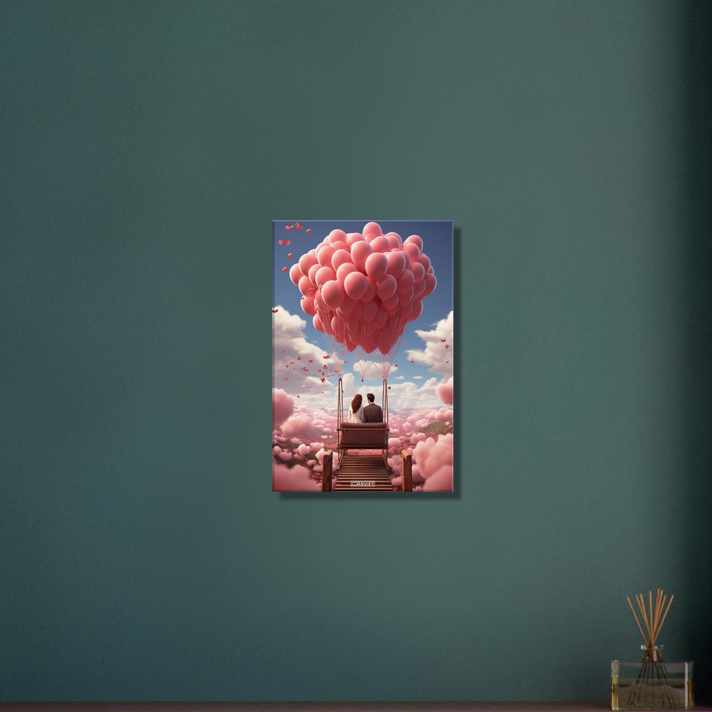 Mann und Frau sitzen auf einer Bank im Paradies voller Wolken und Luftballons in Rosa auf einer Leinwand