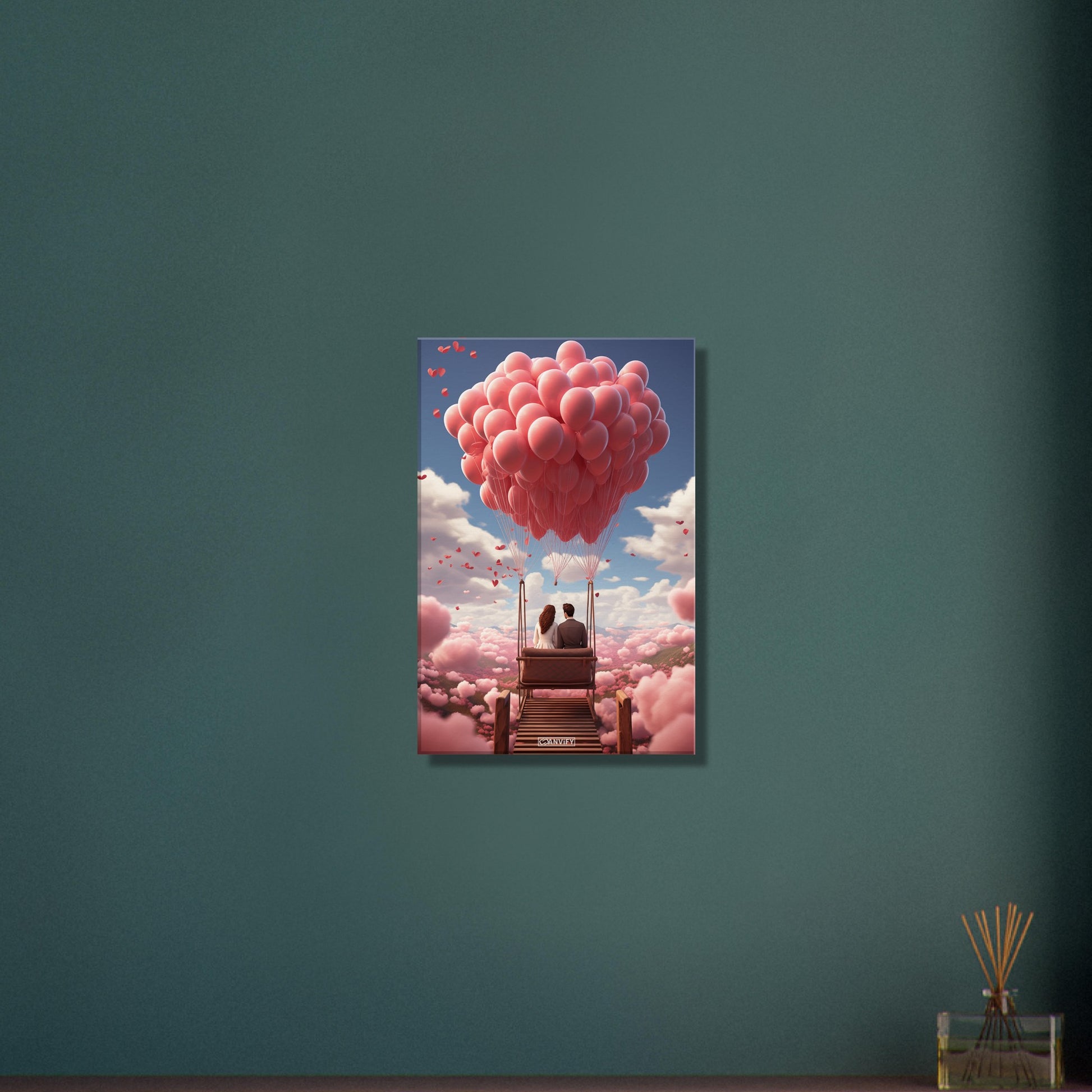 Mann und Frau sitzen auf einer Bank im Paradies voller Wolken und Luftballons in Rosa auf einer Leinwand