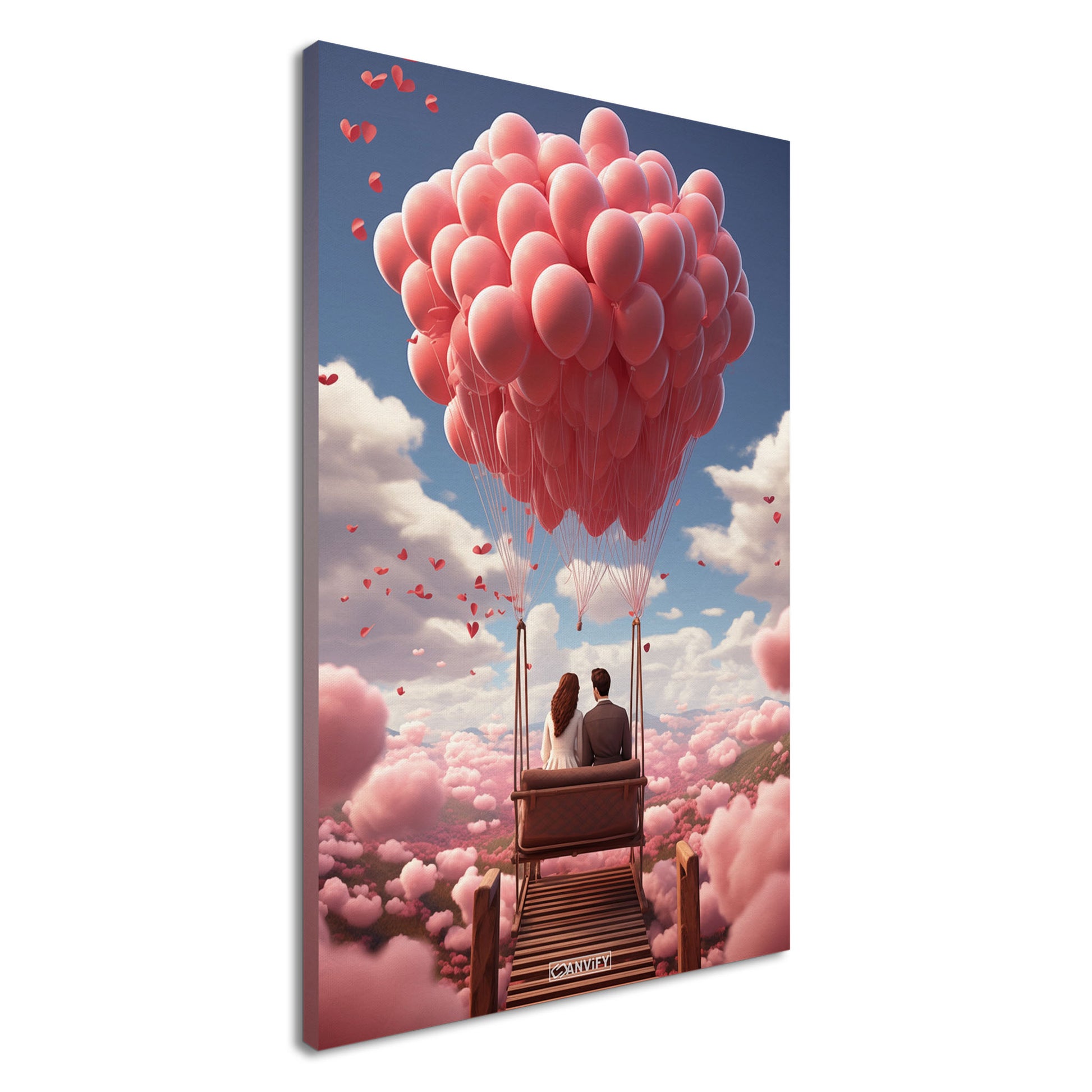 Mann und Frau sitzen auf einer Bank im Paradies voller Wolken und Luftballons in Rosa auf einer Leinwand