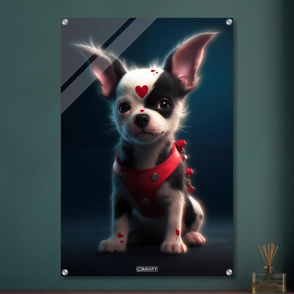 Chihuahua im Superhelden Kostüm von Harley Quinn auf einem Acrylbild