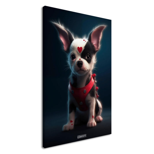 Chihuahua im Superhelden Kostüm von Harley Quinn auf einer Leinwand