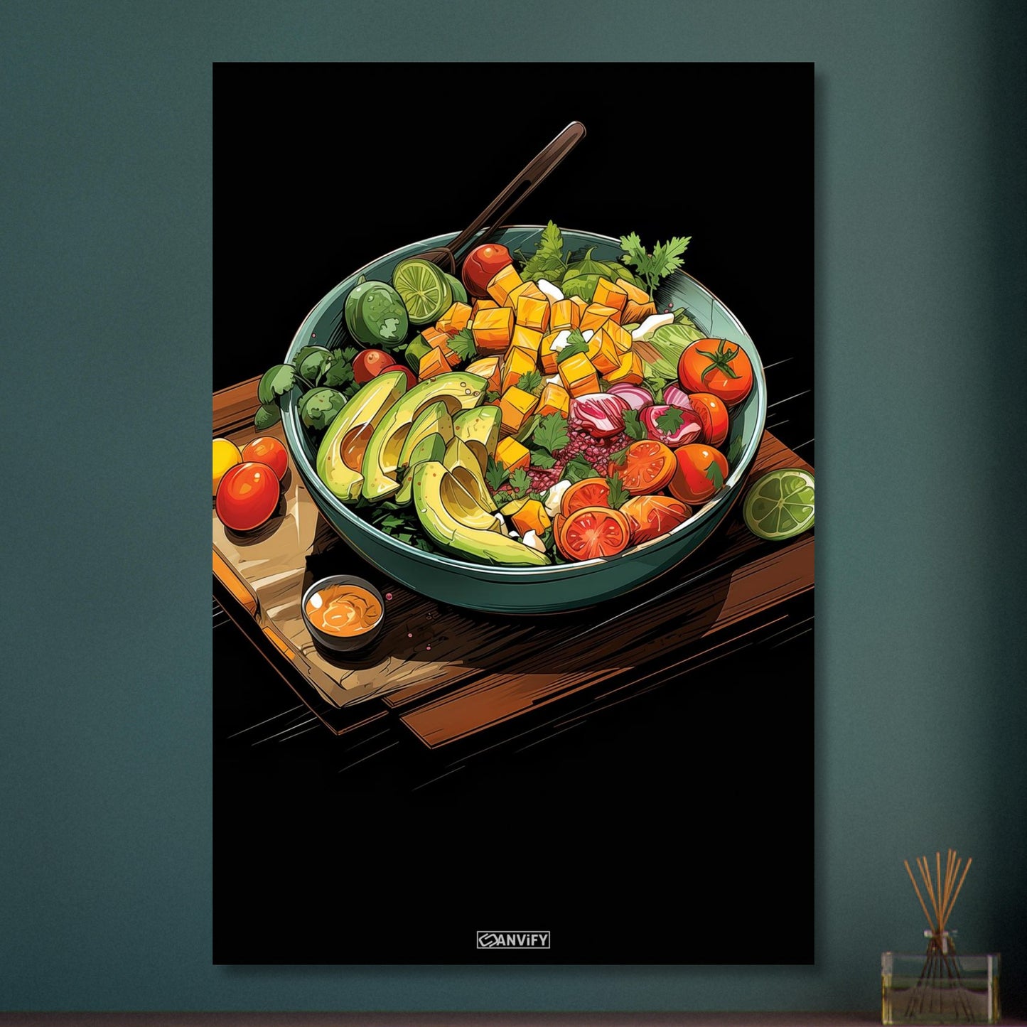 Gesunde Gemüsebowl mit Sauce im Comic Stil auf Aluminium