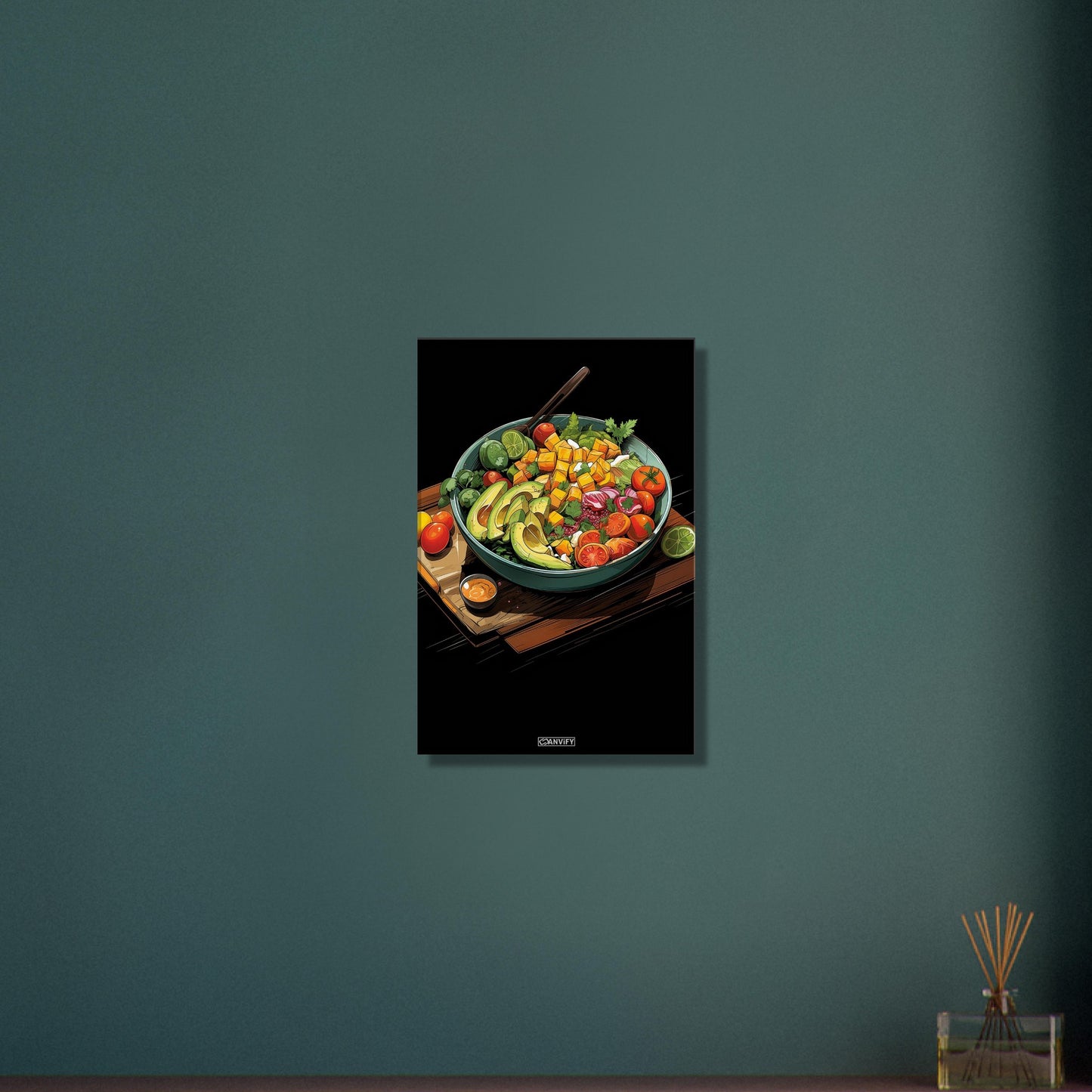Gesunde Gemüsebowl mit Sauce im Comic Stil auf einer Leinwand