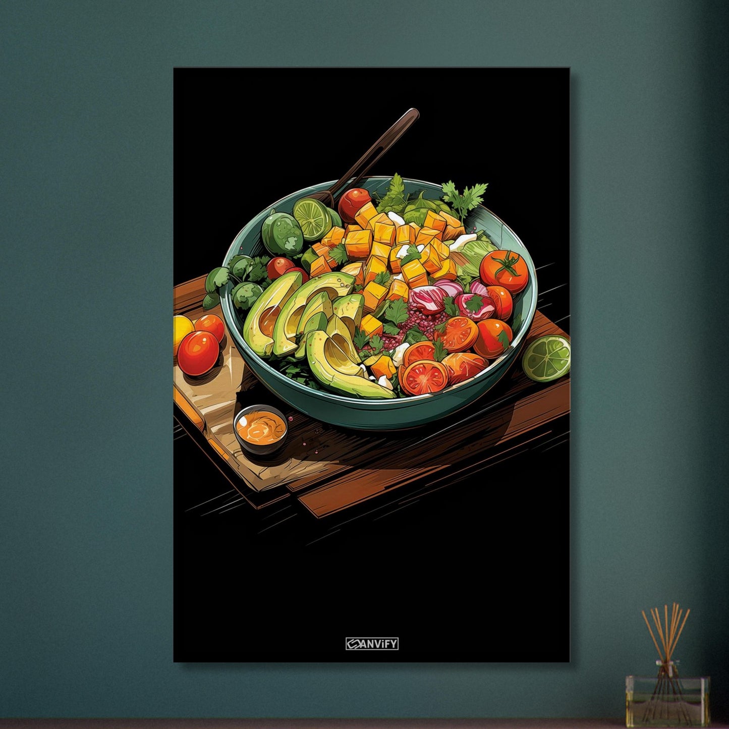 Gesunde Gemüsebowl mit Sauce im Comic Stil auf einer Leinwand