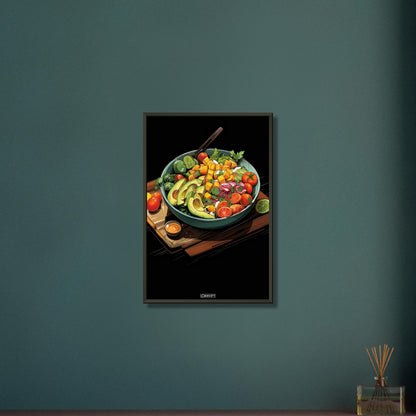 Gesunde Gemüsebowl mit Sauce im Comic Stil auf einem Poster im Metallrahmen