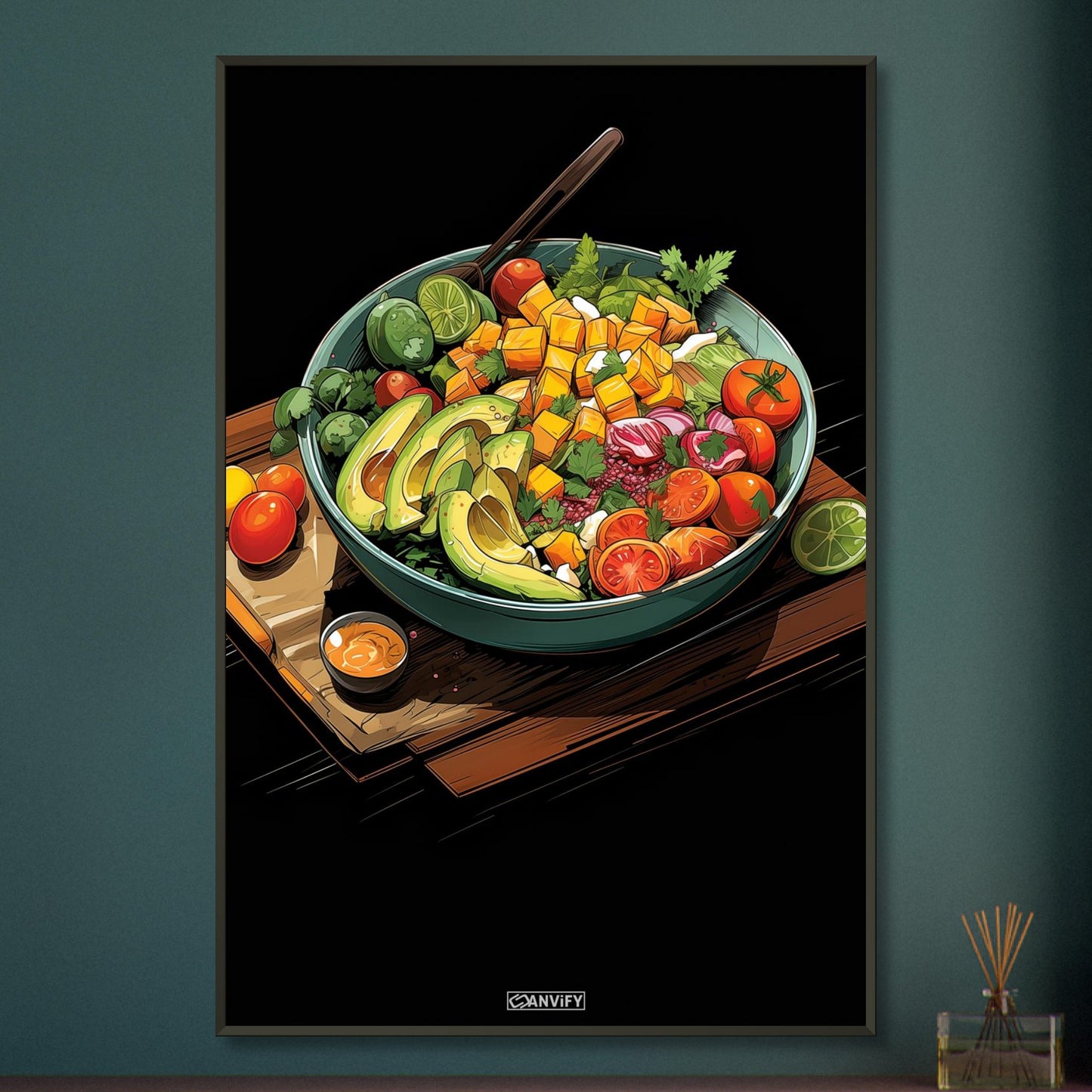 Gesunde Gemüsebowl mit Sauce im Comic Stil auf einem Poster im Metallrahmen