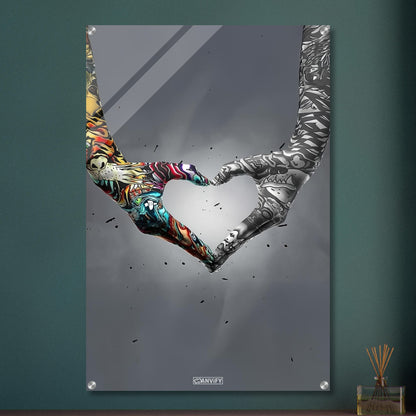 Herzform mit bunten Händen im Banksy Stil auf einem Acrylbild