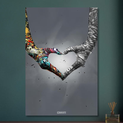 Herzform mit bunten Händen im Banksy Stil auf Aluminium