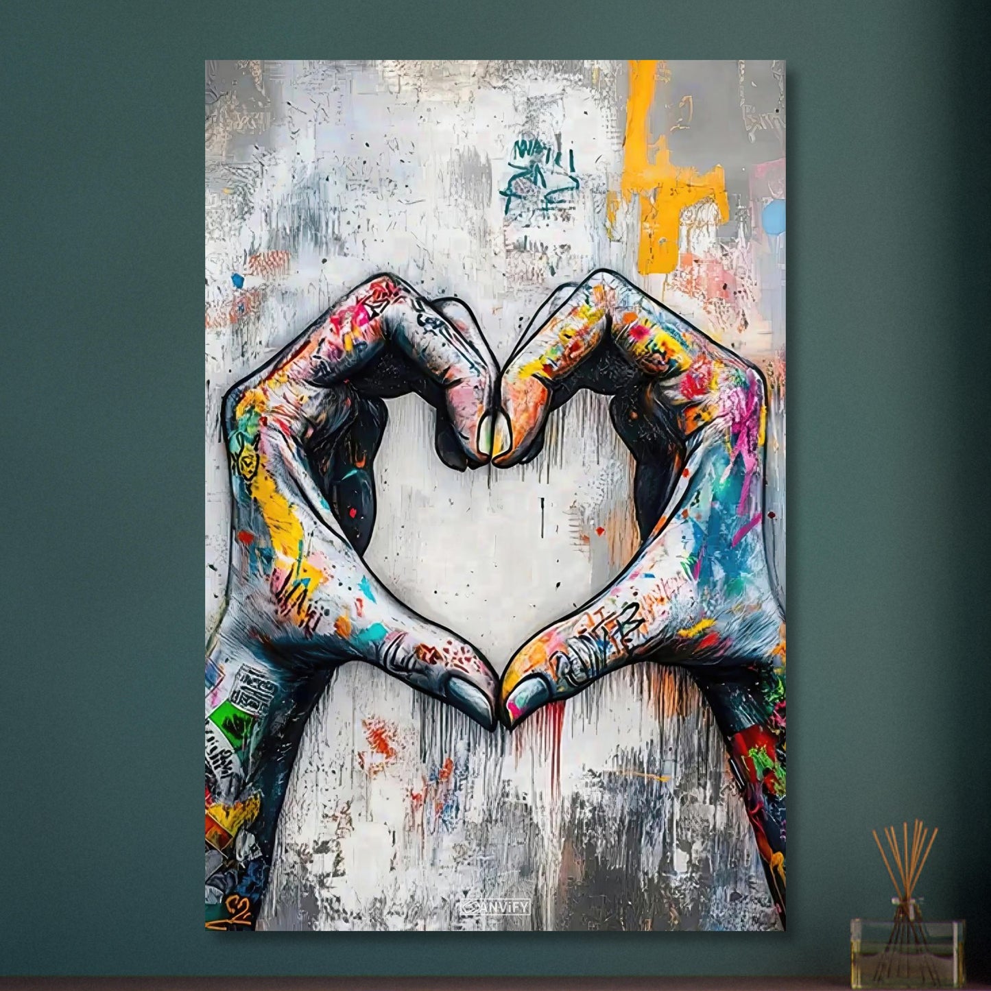 Hände in Herzform im Banksy Stil auf Aluminium
