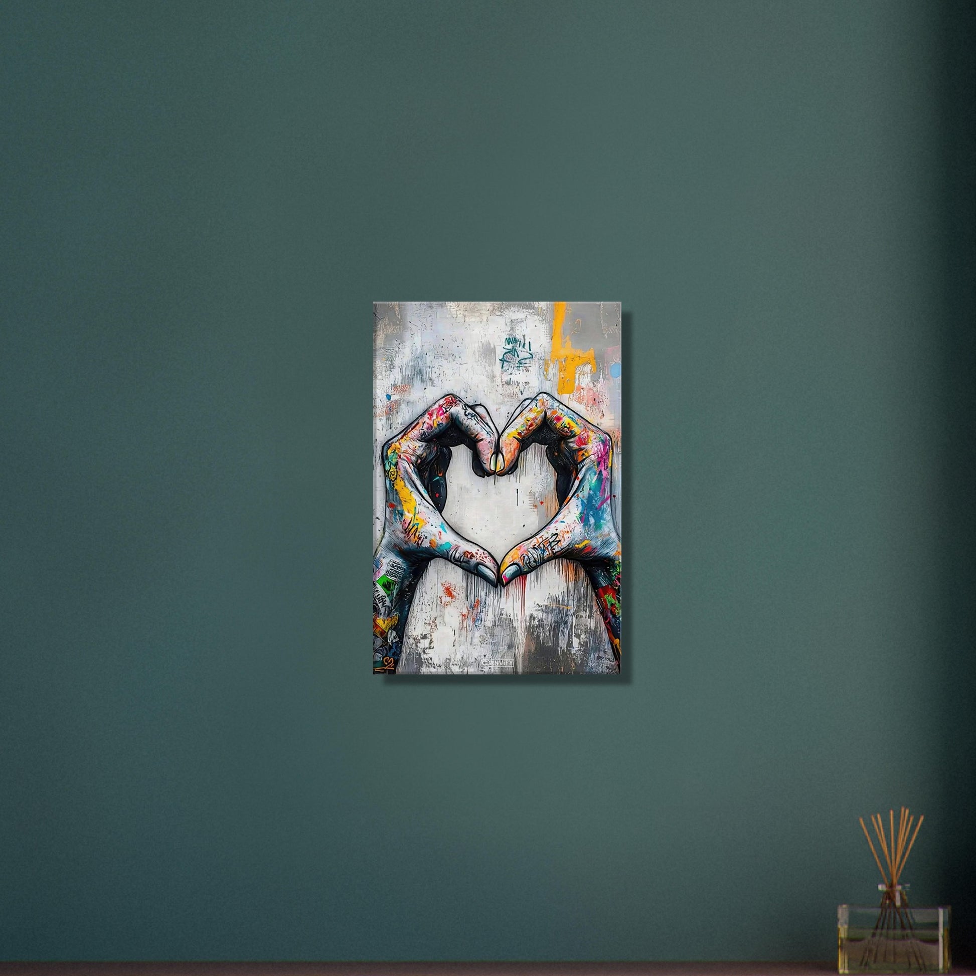 Hände in Herzform im Banksy Stil auf einer Leinwand