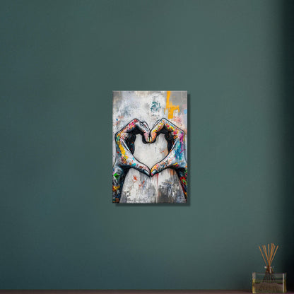 Hände in Herzform im Banksy Stil auf einer Leinwand
