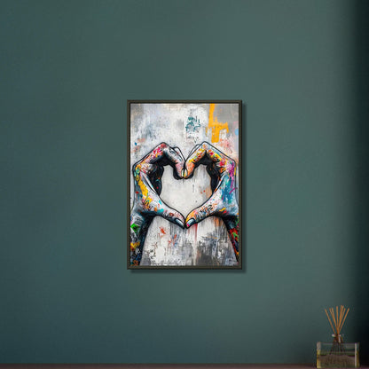 Hände in Herzform im Banksy Stil auf einem Poster im Metallrahmen