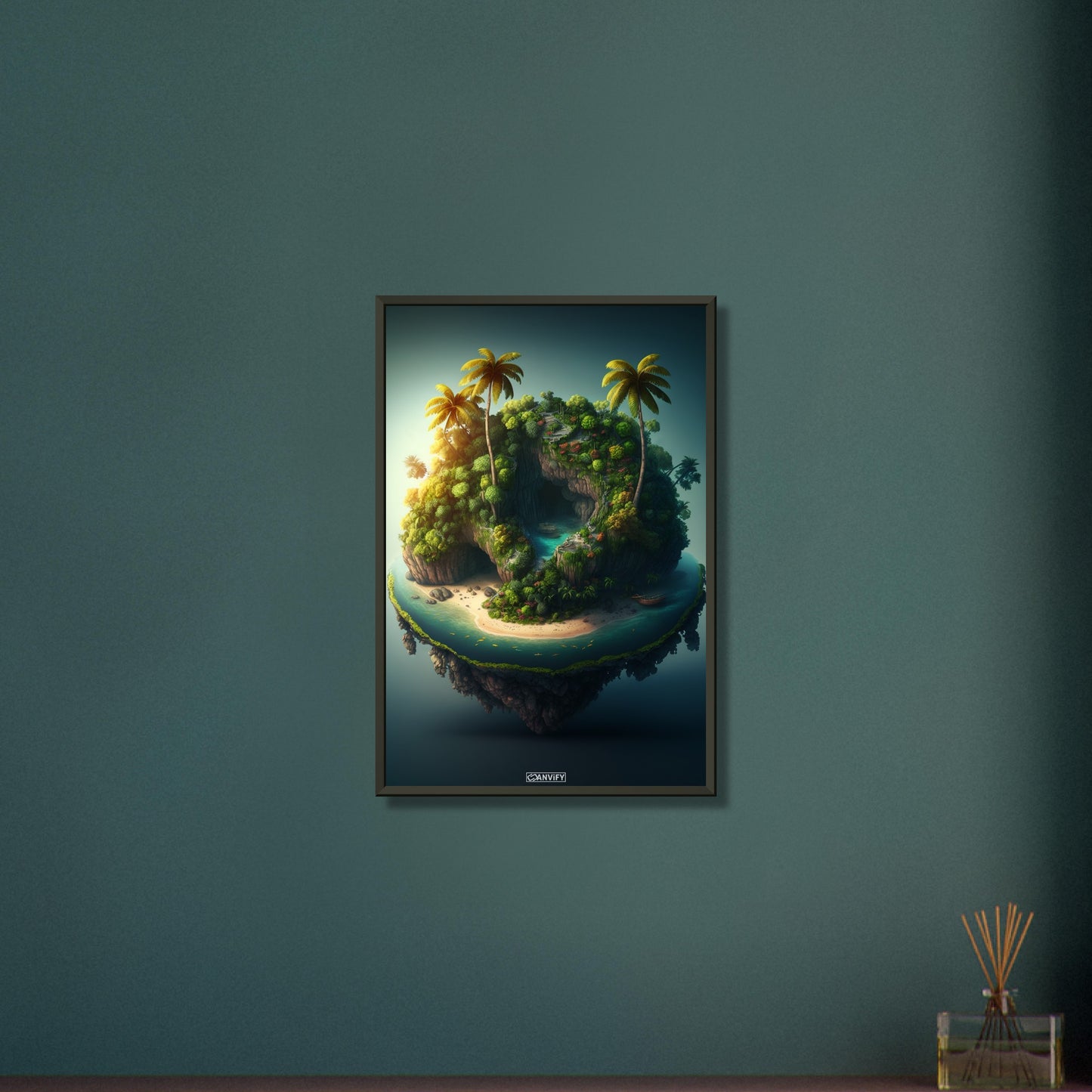 Dschungelinsel mit einer Lagune auf einem Poster im Metallrahmen