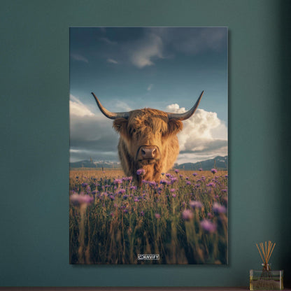 Schottisches Hochlandrind auf einer Blumenwiese auf einer Leinwand