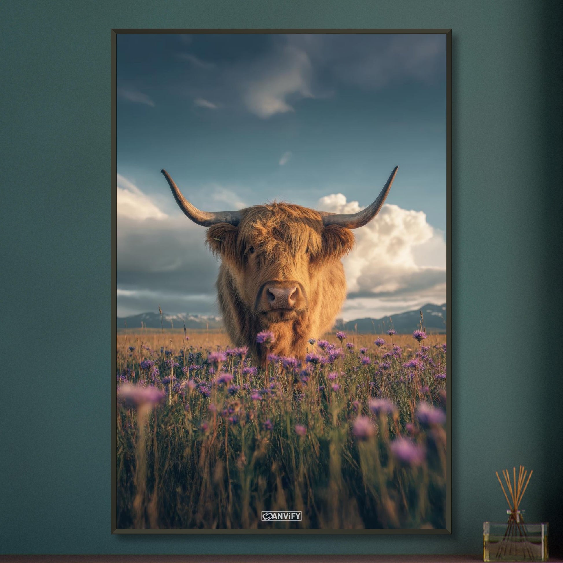 Schottisches Hochlandrind auf einer Blumenwiese auf einem Poster im Metallrahmen