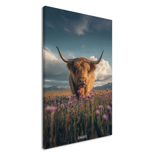 Schottisches Hochlandrind auf einer Blumenwiese auf einer Leinwand