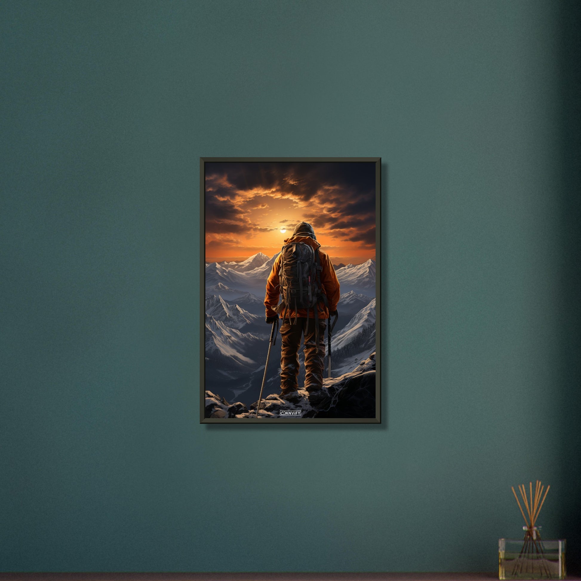 Walter Bonatti auf der Matterhorn-Nordwand malerisch dargestellt auf einem Poster im Metallrahmen