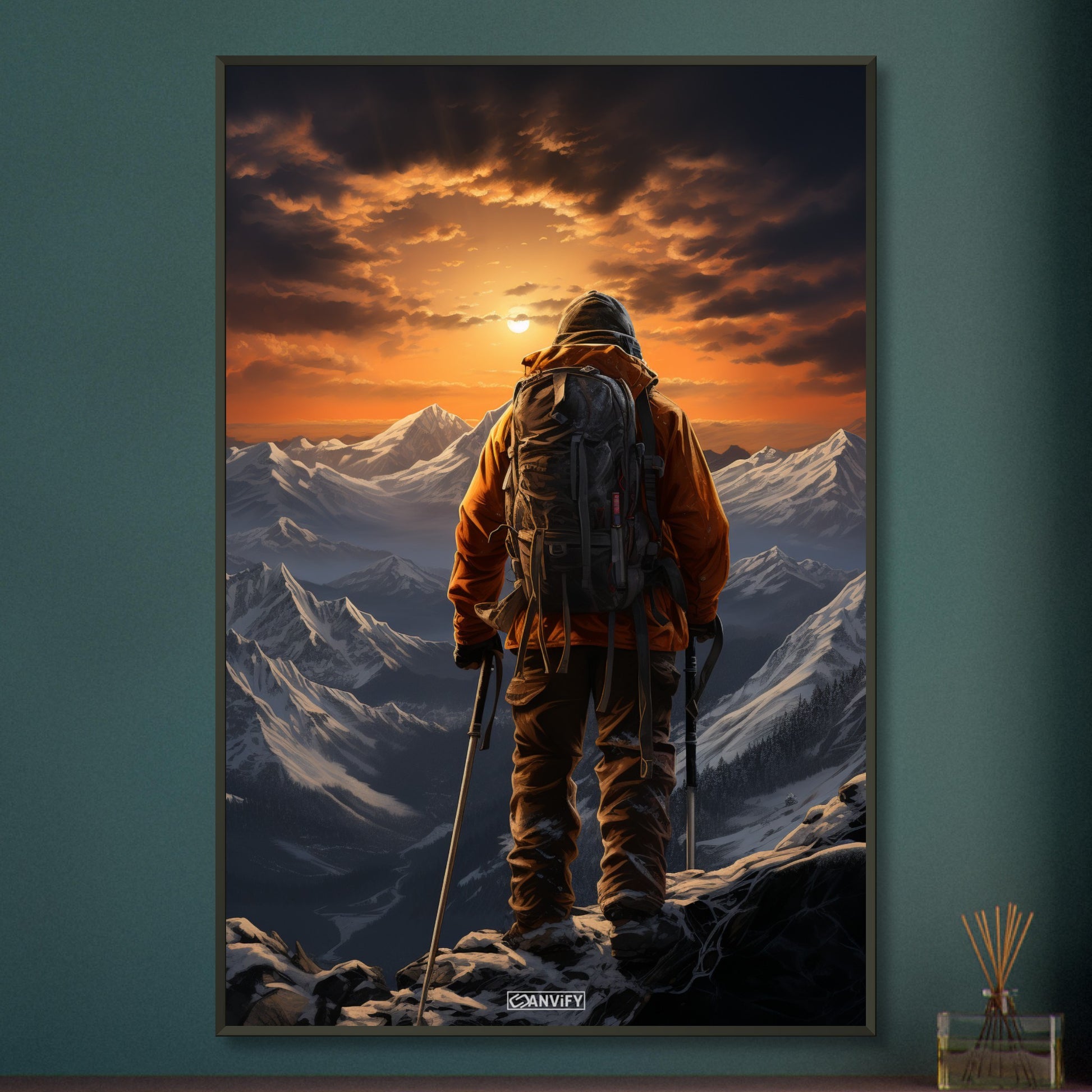 Walter Bonatti auf der Matterhorn-Nordwand malerisch dargestellt auf einem Poster im Metallrahmen
