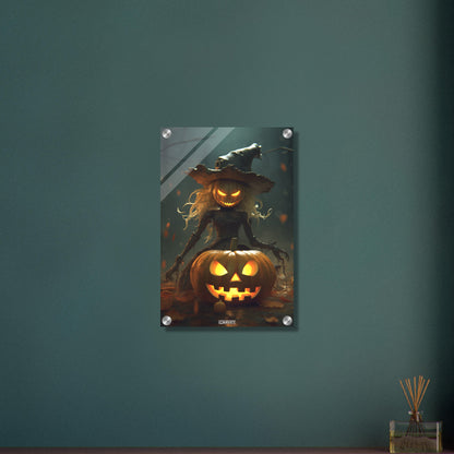 Gruselige Vogelschreckpuppe mit einem Kürbiskopf und Hexenhut auf einem Acrylbild