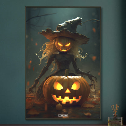 Gruselige Vogelschreckpuppe mit einem Kürbiskopf und Hexenhut auf einem Poster im Metallrahmen