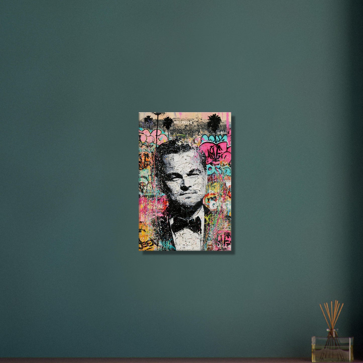 Leonardo DiCaprio vor dem Hollywood Sign im Pop Art Stil auf einer Leinwand