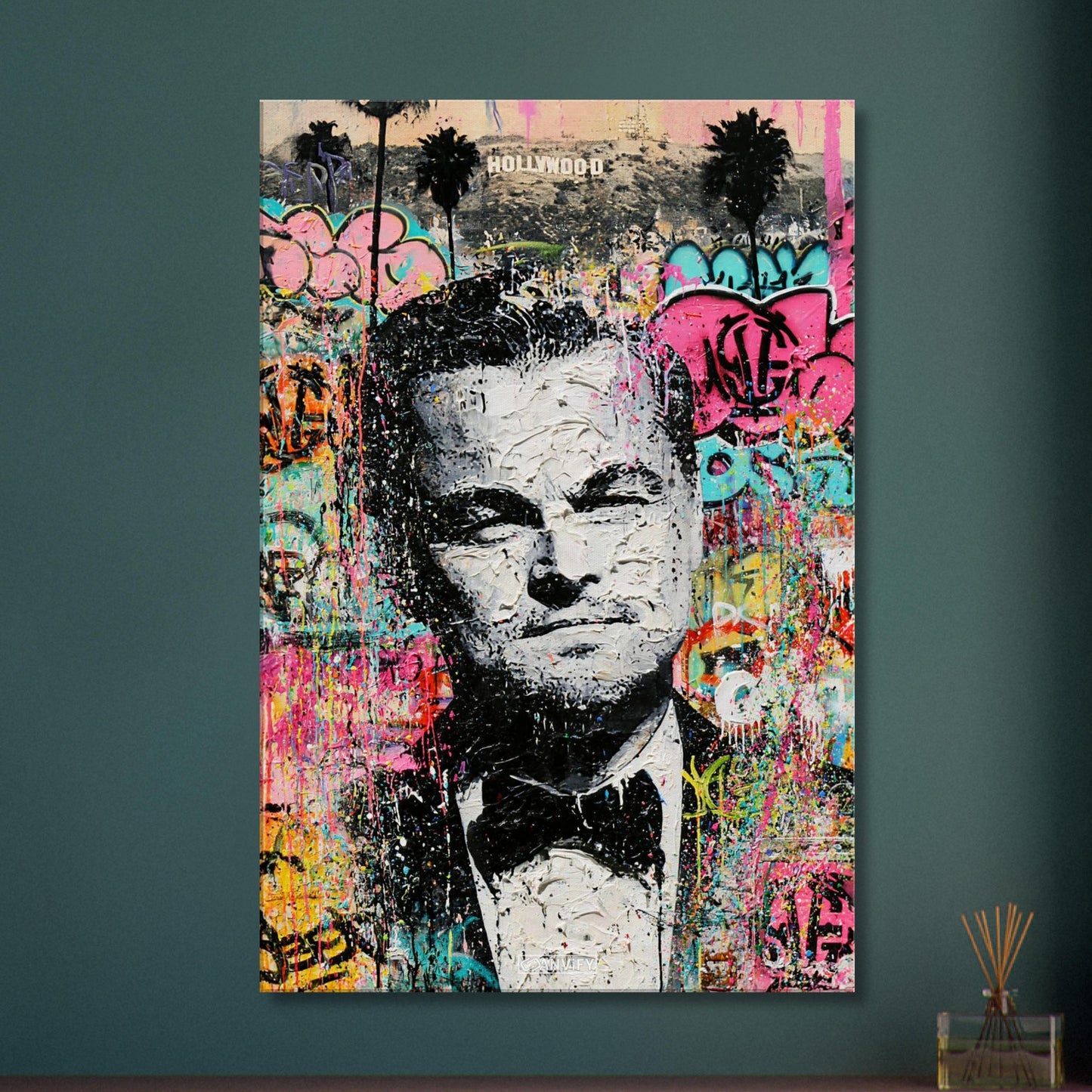 Leonardo DiCaprio vor dem Hollywood Sign im Pop Art Stil auf einer Leinwand