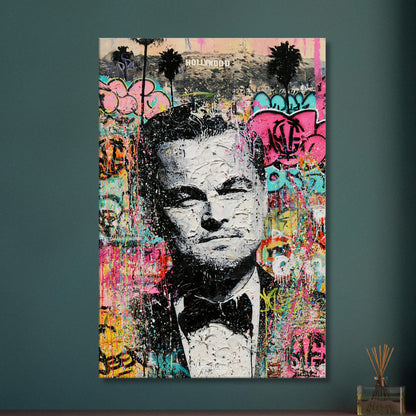 Leonardo DiCaprio vor dem Hollywood Sign im Pop Art Stil auf einer Leinwand