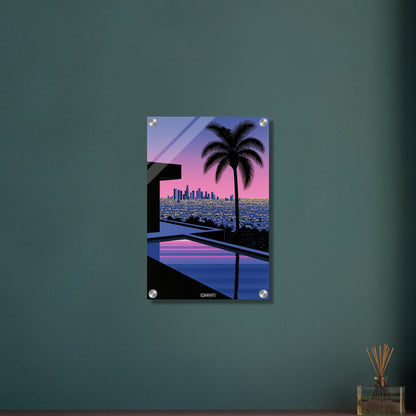 Infinity-Pool mit Blick auf die Skyline von Los Angeles bei Sonnenuntergang, Palme im Vordergrund, Synthwave-Digitalkunst auf einem Acrylbild