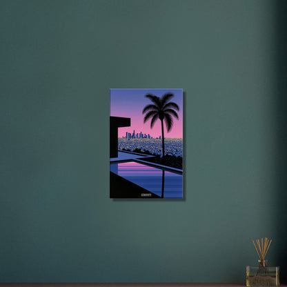Infinity-Pool mit Blick auf die Skyline von Los Angeles bei Sonnenuntergang, Palme im Vordergrund, Synthwave-Digitalkunst auf einer Leinwand