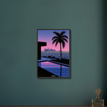 Infinity-Pool mit Blick auf die Skyline von Los Angeles bei Sonnenuntergang, Palme im Vordergrund, Synthwave-Digitalkunst auf einem Poster im Metallrahmen