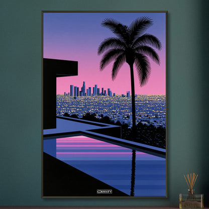 Infinity-Pool mit Blick auf die Skyline von Los Angeles bei Sonnenuntergang, Palme im Vordergrund, Synthwave-Digitalkunst auf einem Poster im Metallrahmen