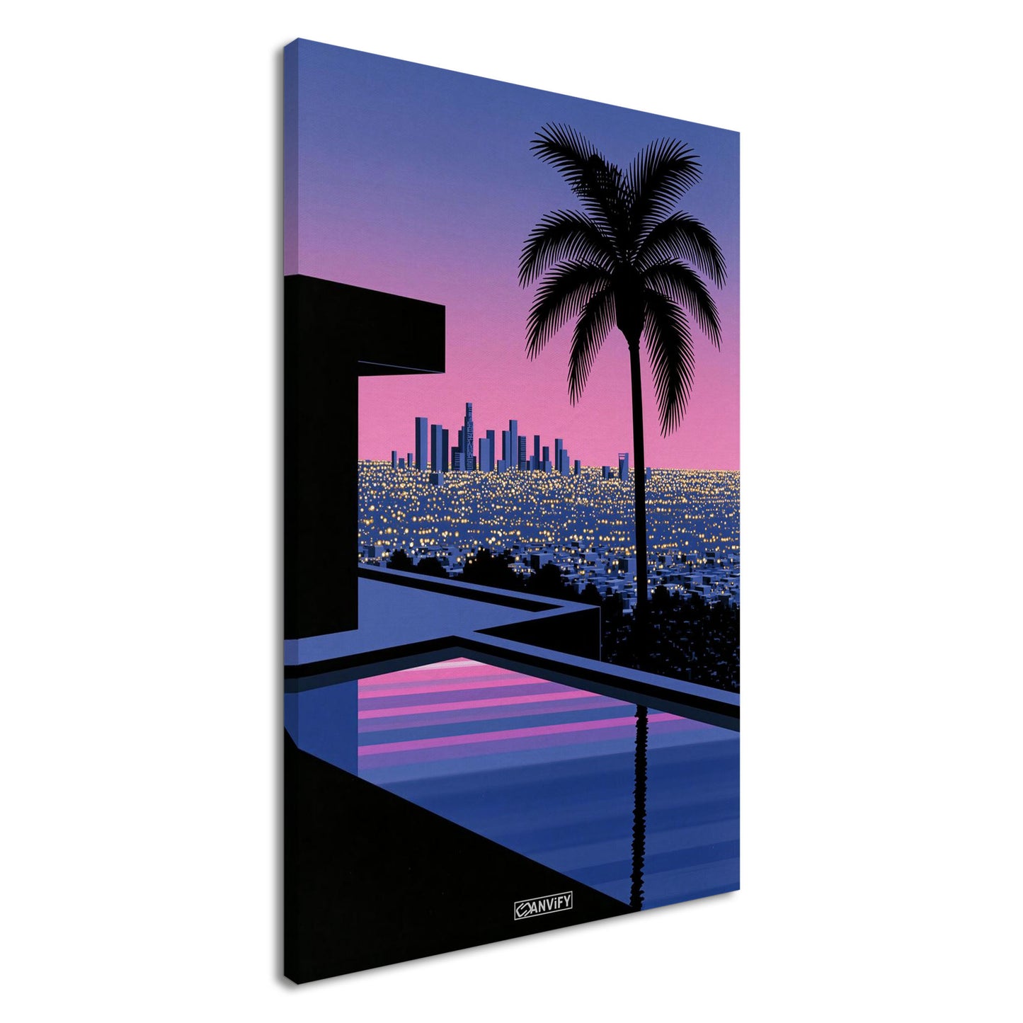 Infinity-Pool mit Blick auf die Skyline von Los Angeles bei Sonnenuntergang, Palme im Vordergrund, Synthwave-Digitalkunst auf einer Leinwand