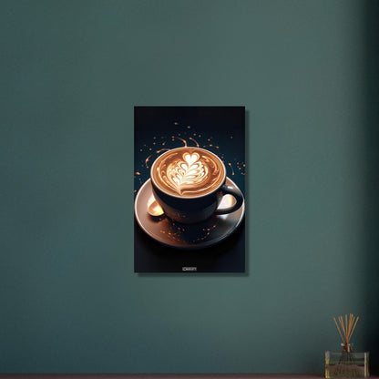Traumhafter Cappuccino mit einer Herzform auf Aluminium