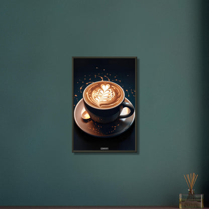 Traumhafter Cappuccino mit einer Herzform auf einem Poster im Metallrahmen