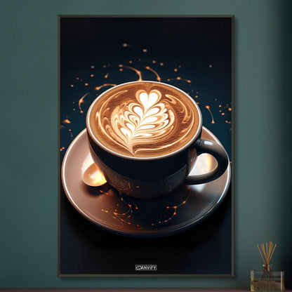 Traumhafter Cappuccino mit einer Herzform auf einem Poster im Metallrahmen