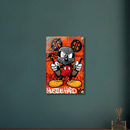 Micky Maus mit Maske und Champagnerflaschen von Dom Perignon in den Händen im Pop Art Stil mit dem Spruch "Hustle Hard" und einer Krone dahinter auf einem Acrylbild
