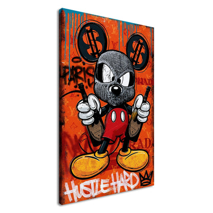 Micky Maus mit Maske und Champagnerflaschen von Dom Perignon in den Händen im Pop Art Stil mit dem Spruch "Hustle Hard" und einer Krone dahinter auf einer Leinwand